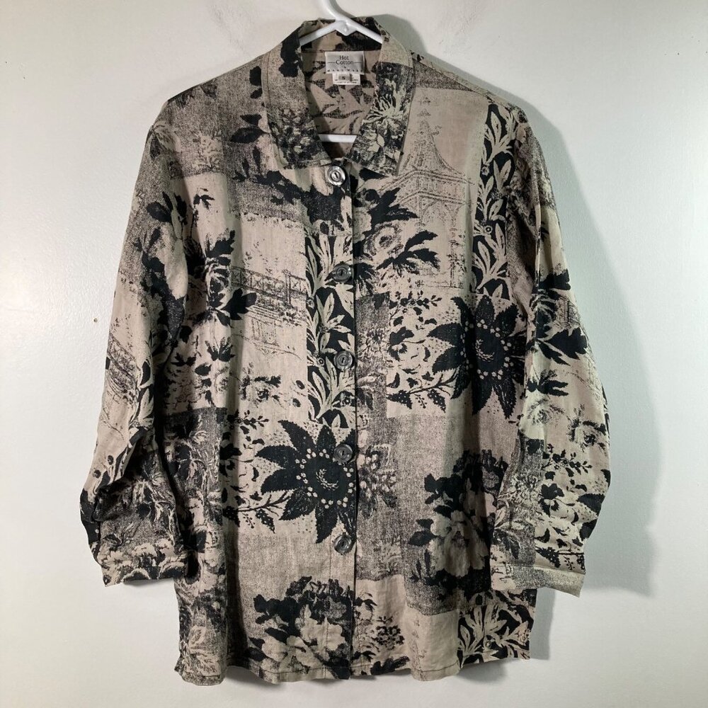 Womens Hot Cotton Marc Ware Linen Floral Button Shirt S Tan Black Linen